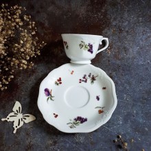 Set tách trà/ cà phê men bóng họa tiết trái cây, thân chạm nổi của Noritake.