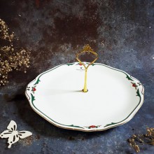 Cake stand (Đĩa tầng) men bóng họa tiết chạm nổi, viền vàng của Valentino. Dùng bày bánh, trái cây rất sang.